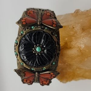 Vintage Sweet Romance Antique Brass Color Enamel Butterfly Cuff Bracelet 2-5/8"